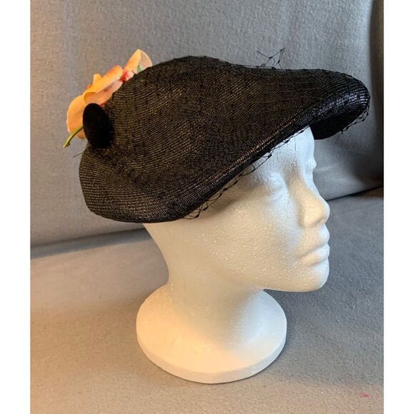 Abramson's Ladies Black Hat with Silk Flower and Velvet Button Vintage - Picture 9 of 10